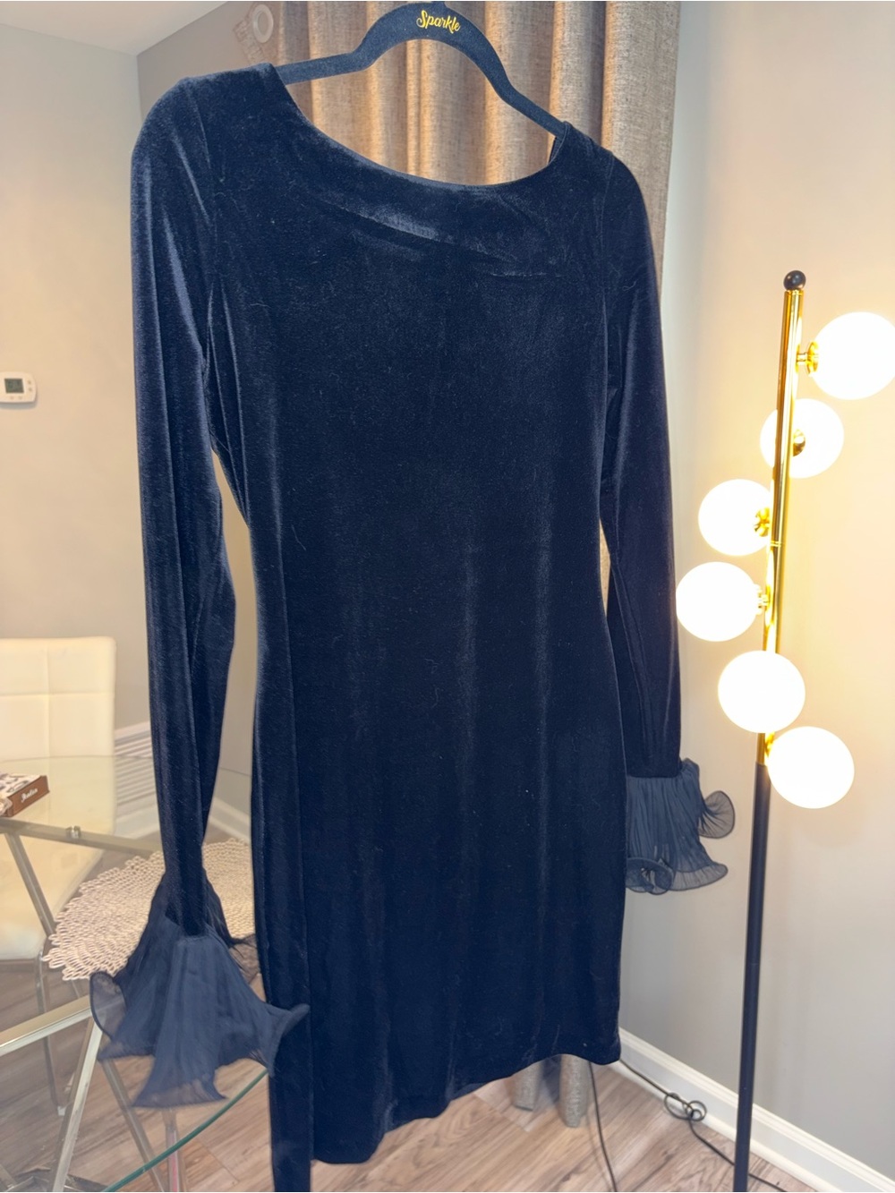 Guess Black Velvet Long-Sleeve Dress with Ruffle Cuffs